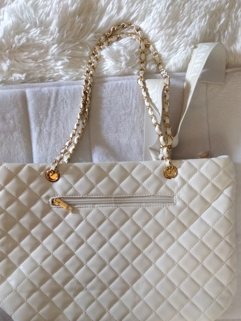 White Quilted Chain-Handle Tote Bag by